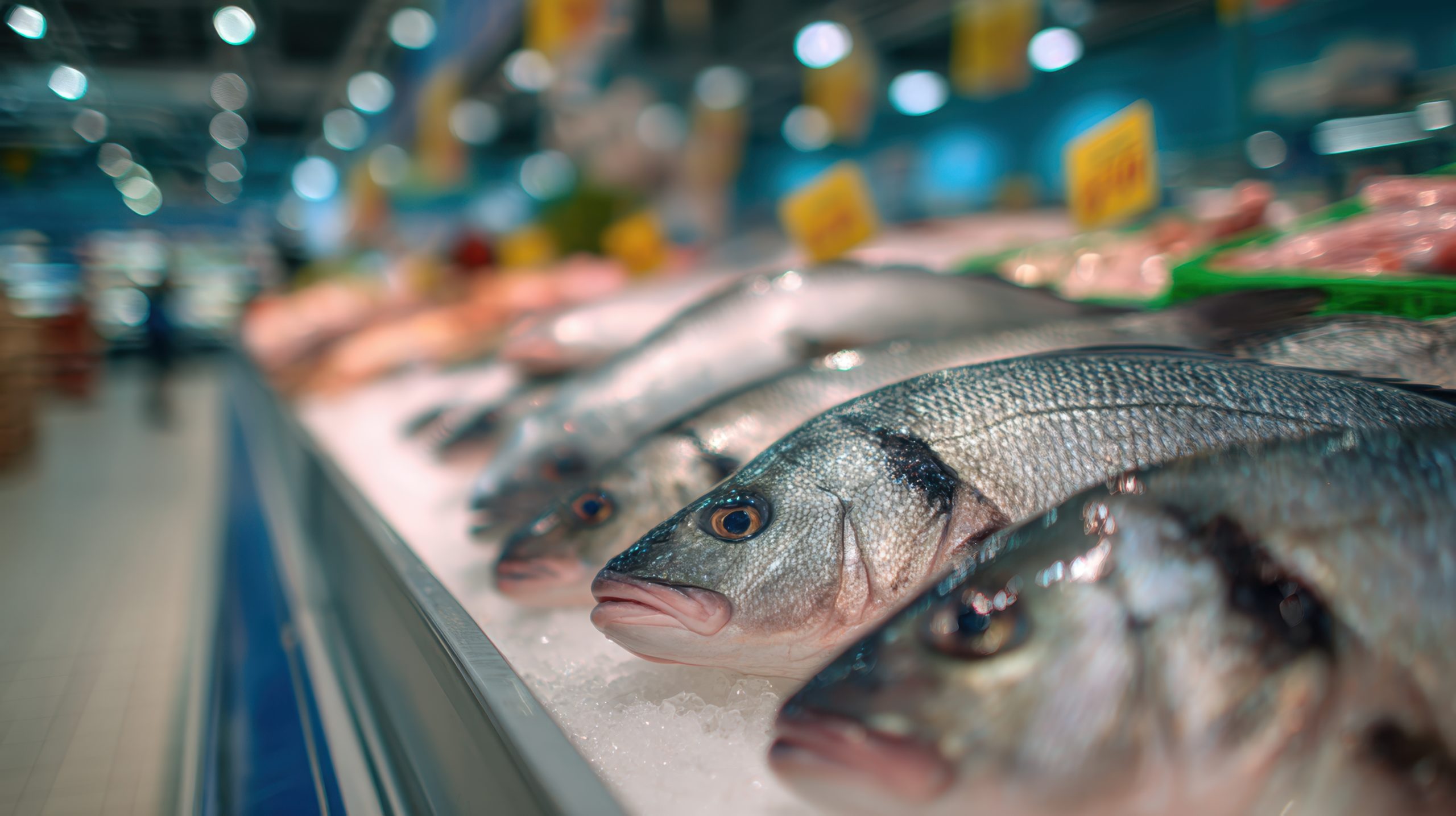 fresh whole fish displayed on ice at a seafood market counter with a blurred background of shoppers and bright store lighting