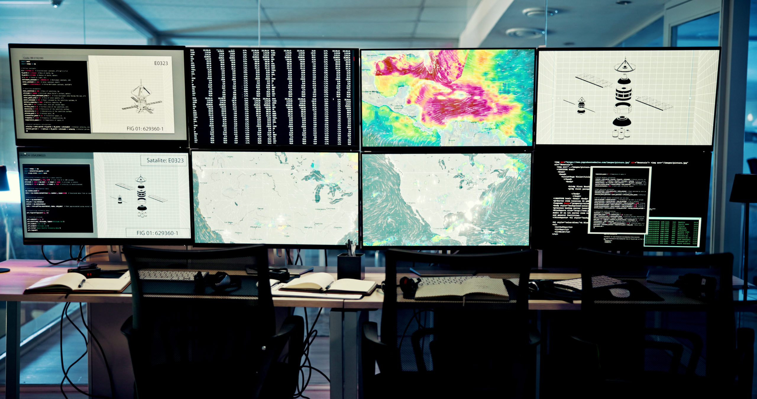 screen weather and computer for wind forecast for news research or ecology in office night empty or tracking technology equipment with maps for meteorology report radar update for climate change