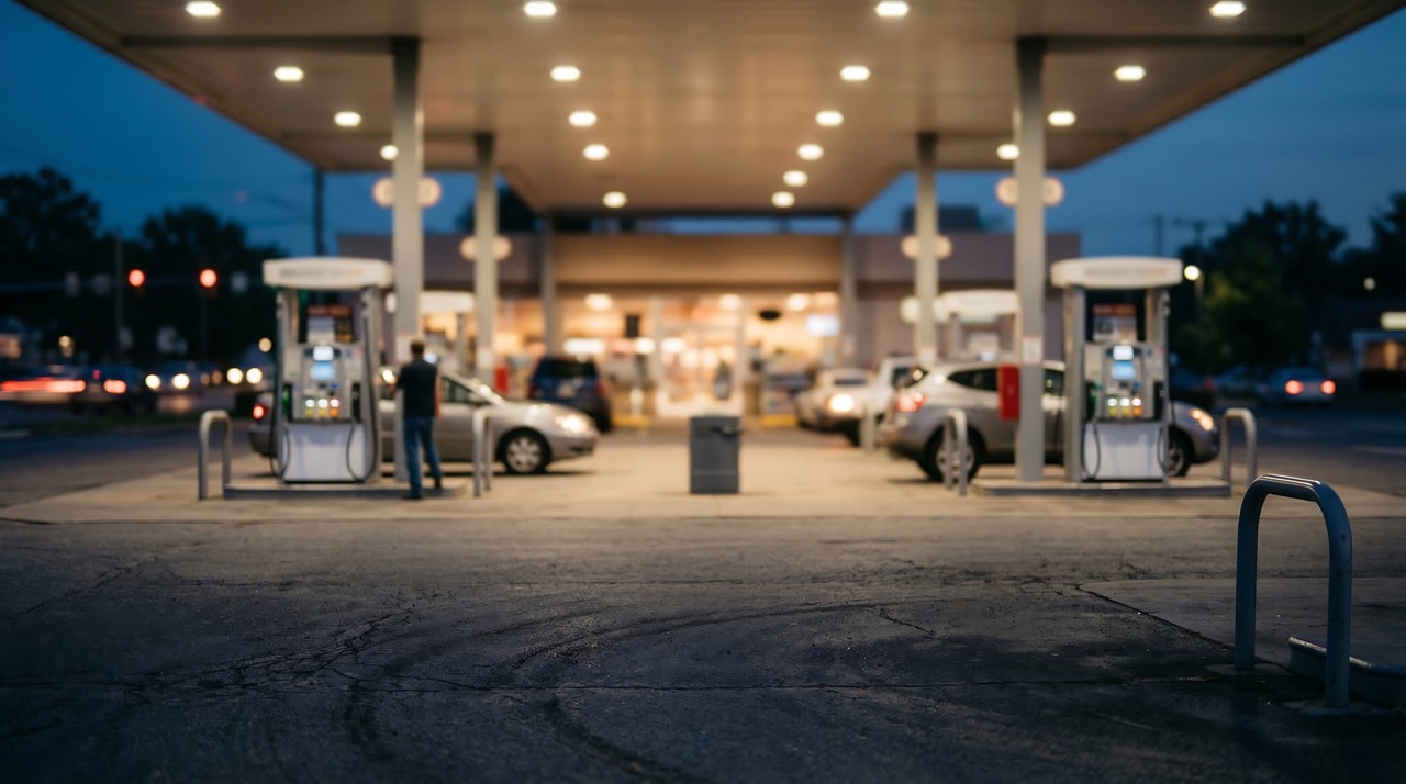 illuminated gas station pumps background dusk calm serene shallow blur fuel transport evening