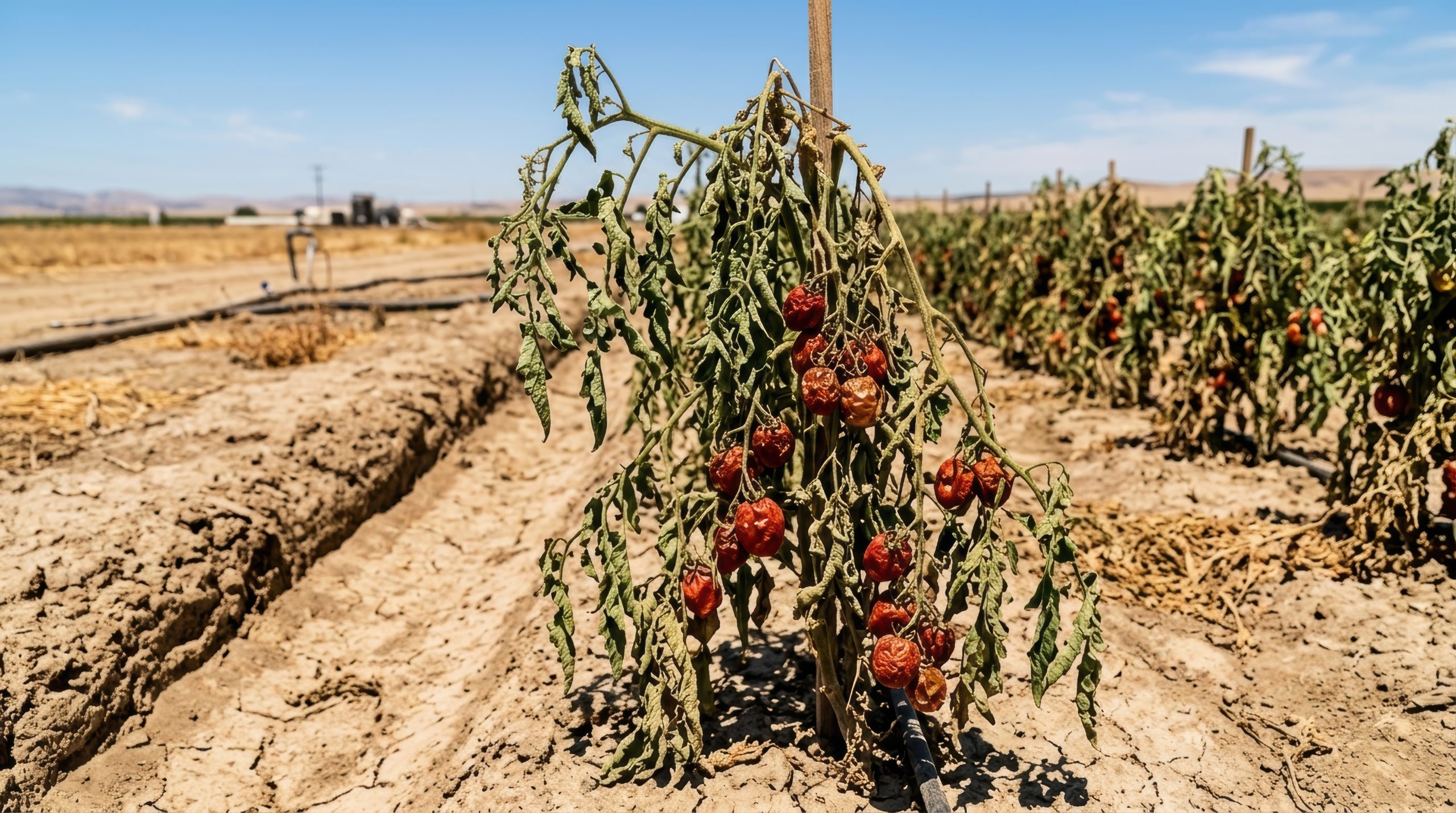 wilted tomato plant in a dry agricultural field