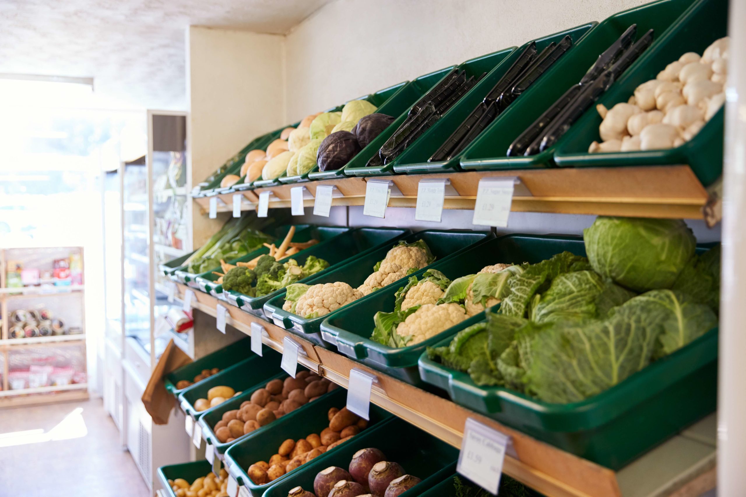 display of fresh vegetables in organic farm shop